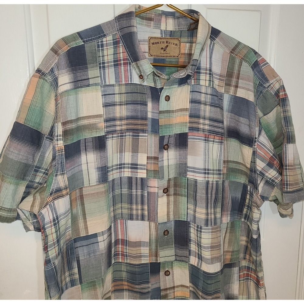 North River Outfitters Mens Button-Down Shirt Brown XL Short Sleeve Patchwork